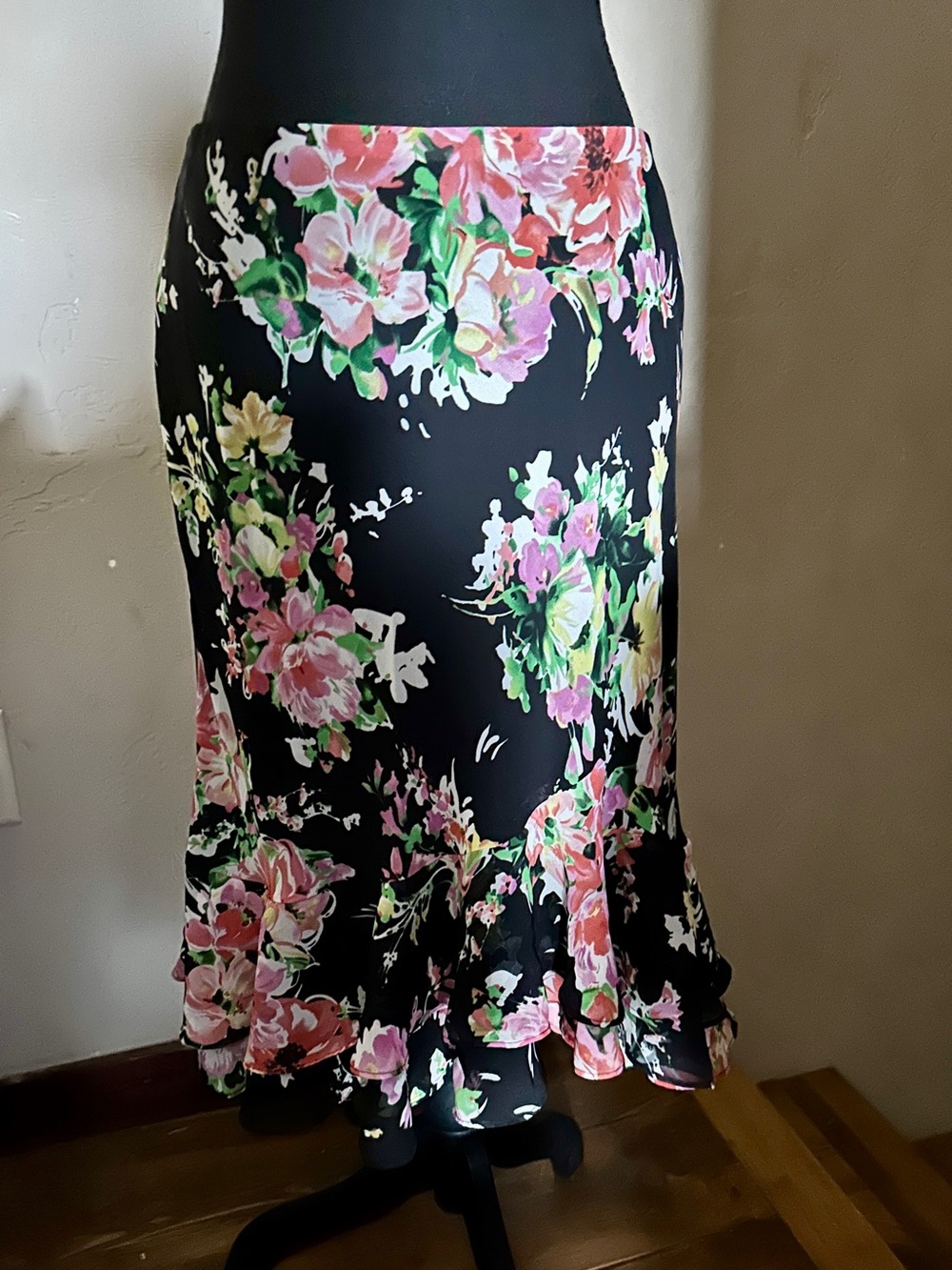 Chaps Black Floral Skirt with Ruffled Hem